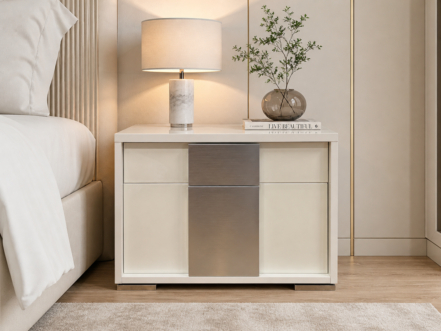 b94d9dfb-cadc-4a35-ae89-50cc3fa1e955 Noptieră modernă crem cu accente metalice – 2 sertare, design elegant - imagine 1