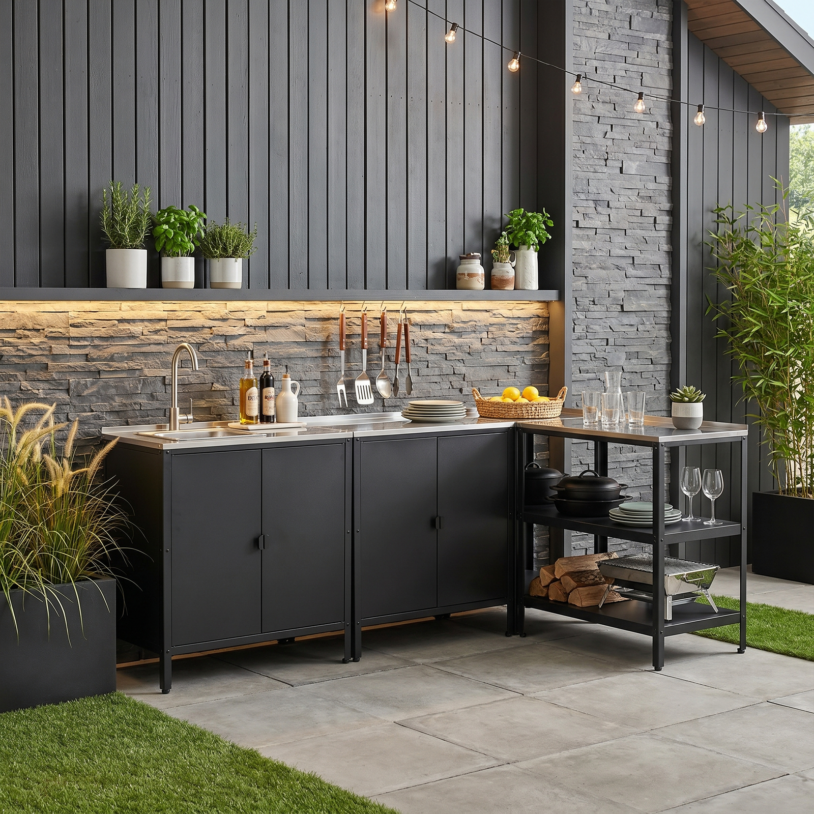 ines-4-diel-kuchyna-cierna-ai04 Mobilier de bucătărie de grădină cu 4 piese, chiuvetă, negru, oţel, INES - imagine 1
