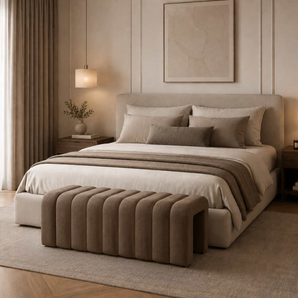 sundo-lavica-hneda-sp-ai Bancă de design, ţesătură gri/maro, SUNDO - imagine 1